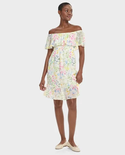 Womens Mommy And Me Floral Ruffle Off Shoulder Dress - Garden Party