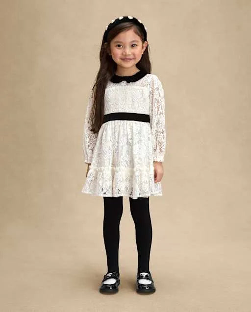 Girls Contrast Lace Ruffle Dress - Petit Paris