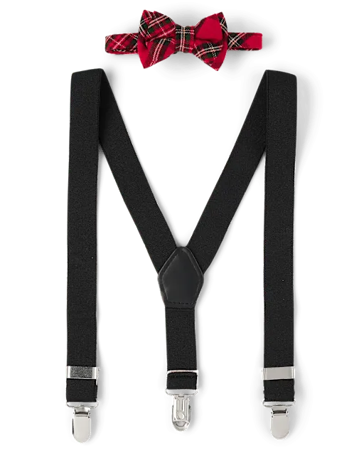 Boys Plaid Bow Tie And Suspenders 2-Piece Set - Royal Christmas