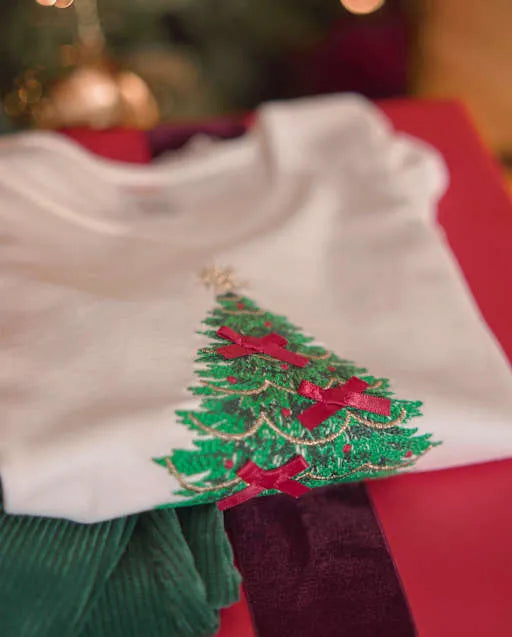 Girls Embroidered Christmas Tree Flutter Top - Royal Christmas