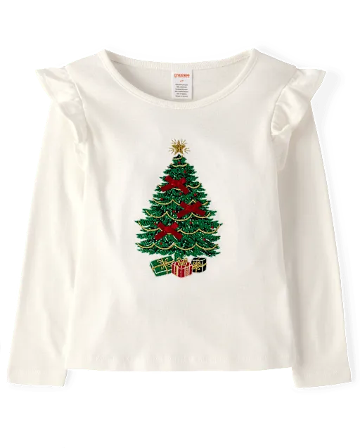 Girls Embroidered Christmas Tree Flutter Top - Royal Christmas