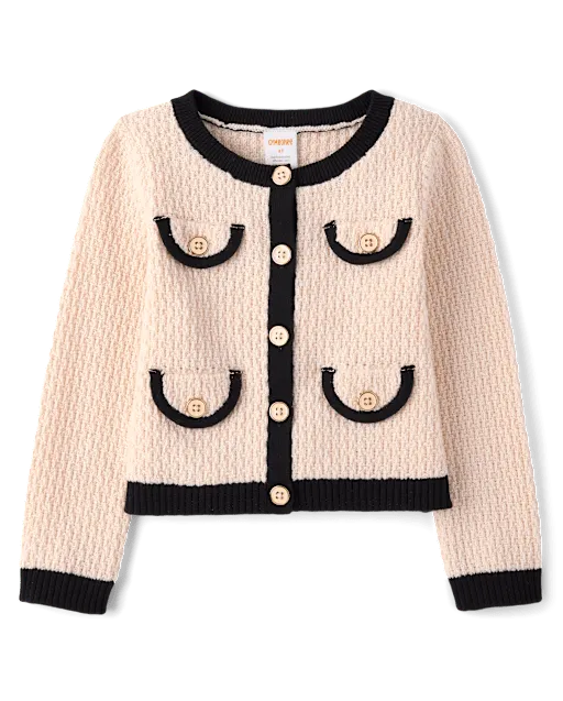 Girls Contrast Faux Tweed Sweater Cardigan - Petit Paris