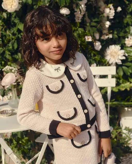 Girls Contrast Faux Tweed Sweater Cardigan - Petit Paris