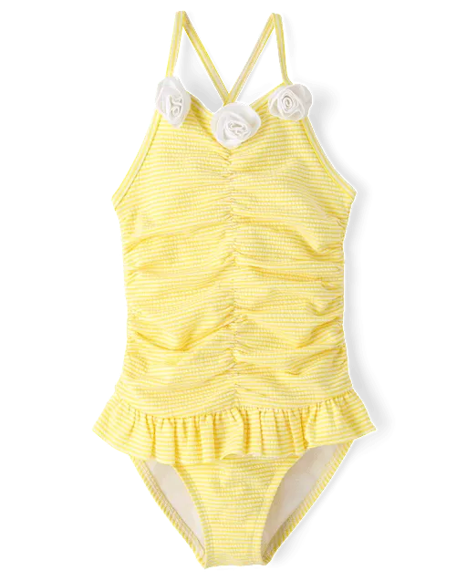 Girls Floral Seersucker Ruffle One Piece Swimsuit - Swim Shop