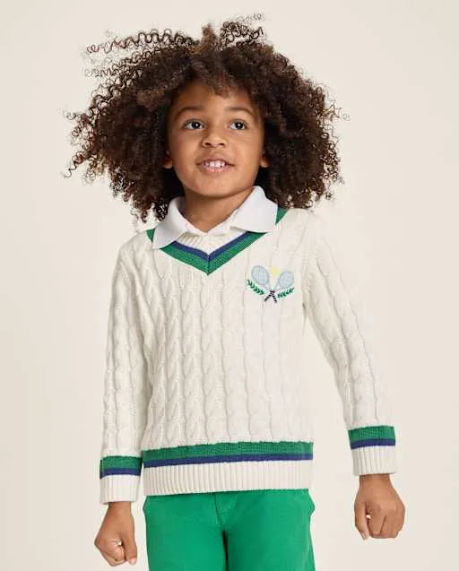 Kids Embroidered Tennis Racquet Cable Knit V-Neck Sweater - Club House