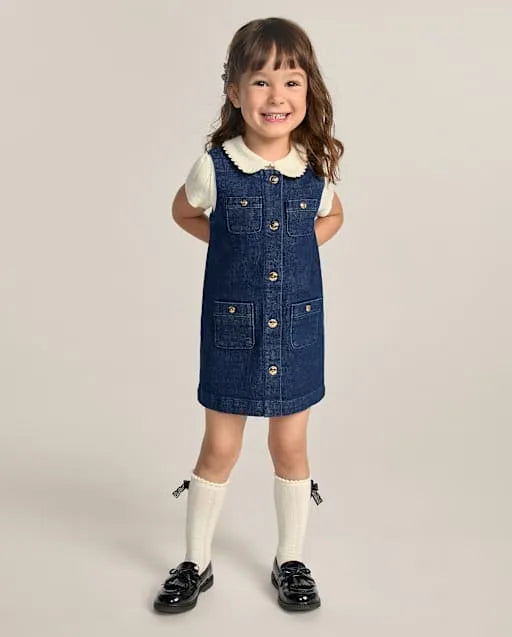 Girls Button Denim Shift Dress - The Leopard Edit